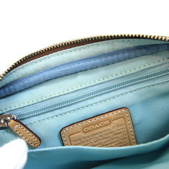 Coach Waist Bag Signature Khaki Light Blue Canvas Leather Hip Pouch Body Wome...